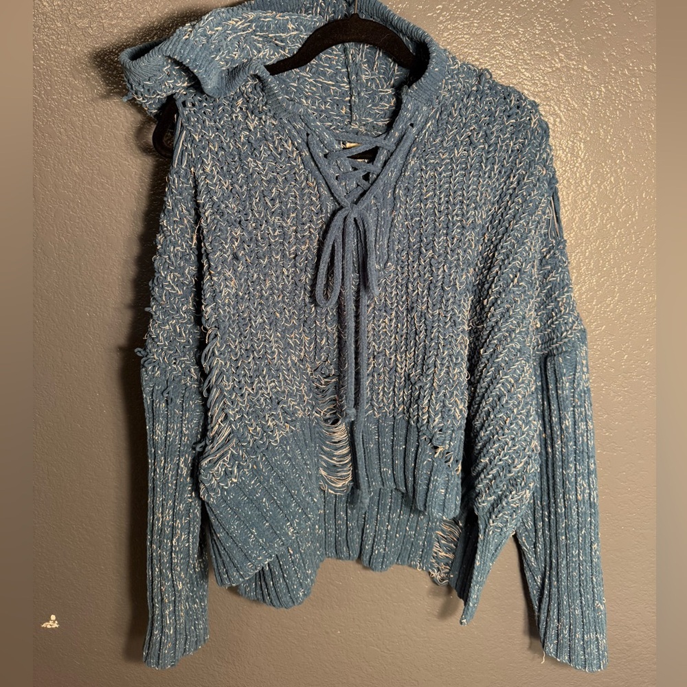 POL Women’s Oversized Distressed Ribbed Knit Lace Sweater Hoodie Size Large L